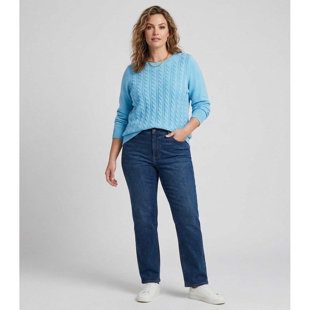 Talbots Petite Blue Cable Knit Button Shoulder Sweater XLP Cotton Blend Crewneck